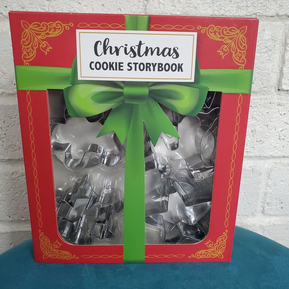 Christmas Cookie Story Book Box 12 Metal Cookie Cutter Set Recipe Sealed New
